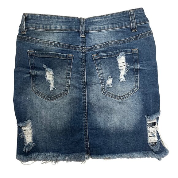 Forever 21 Women’s Distressed Denim Mini Skirt Size 27 Blue Raw Hem Ripped Y2K - Picture 10 of 10